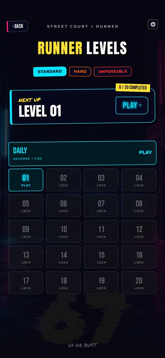 Runner levels screen in 67 Runner with Standard, Hard and Impossible tiers, a daily reverse and fog level, and 20 unlockable levels