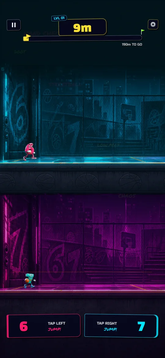 Two-lane Runner mode in 67 Runner, character 6 running the cyan top lane and character 7 the pink bottom lane, with tap-left and tap-right jump controls